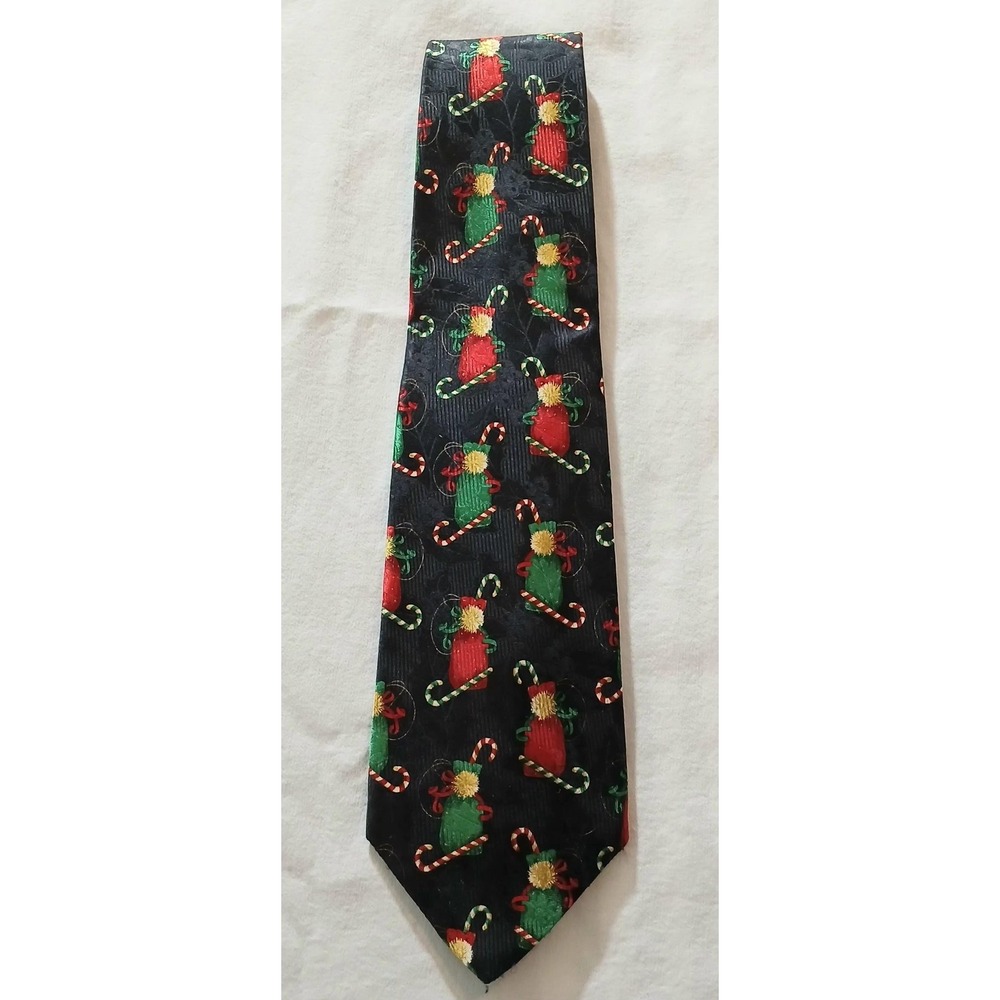 Vintage Robert Talbott Tie Mens One Size Black Silk Christmas Candy Cane 90s‎
